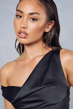 Premium Satin Bust Detail Cowl Asymmetric Mini Slip Dress