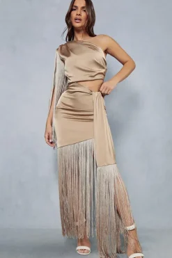 Premium Satin Draped One Shoulder Fringe Bodycon Maxi Dress