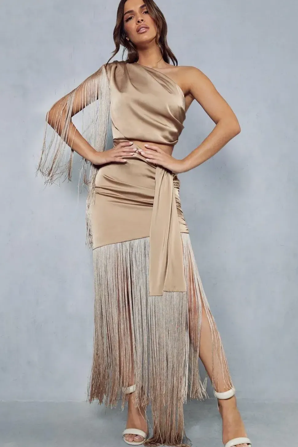 Premium Satin Draped One Shoulder Fringe Bodycon Maxi Dress