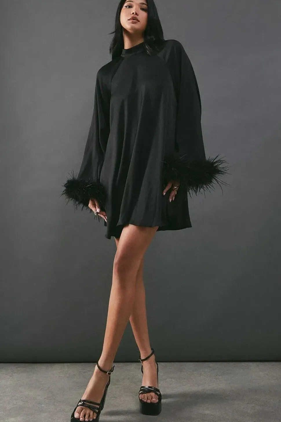 Premium Satin Feather High Neck Swing Mini Dress