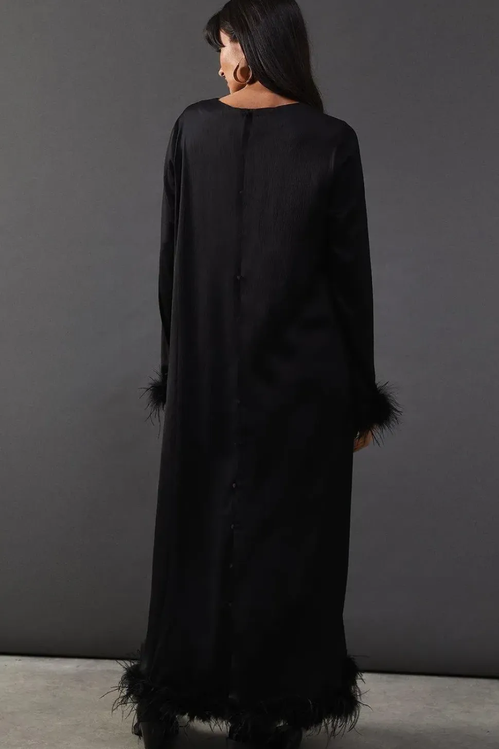 Premium Satin Feather Trim Button Back Midi Dress