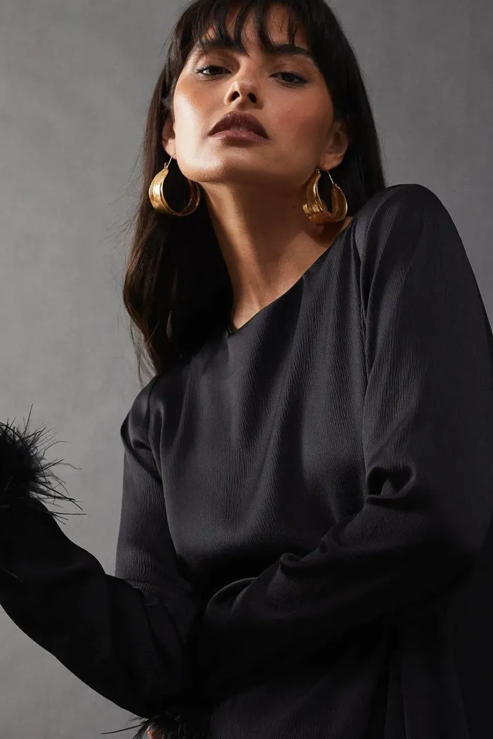 Premium Satin Feather Trim Button Back Midi Dress