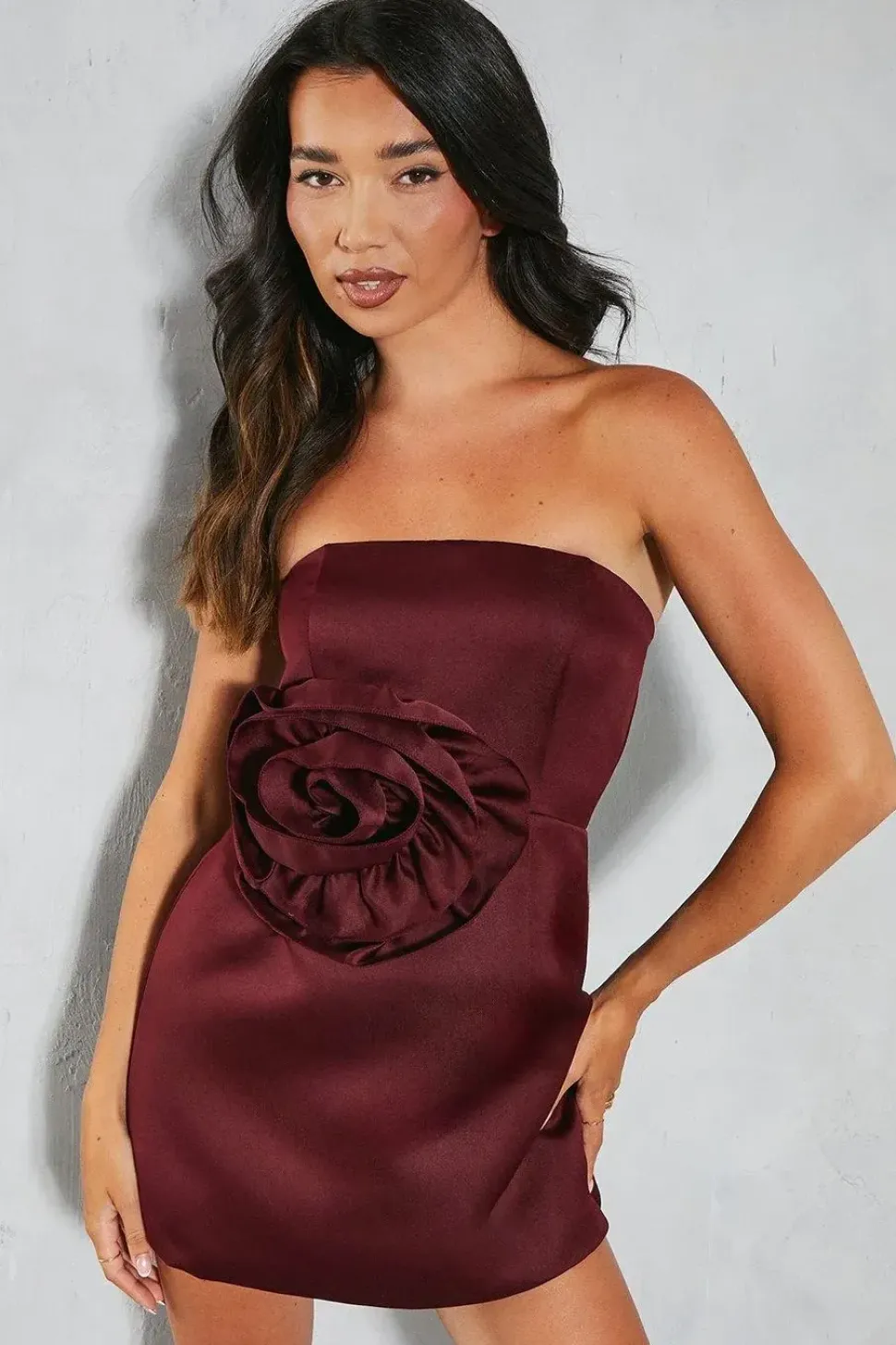 Premium Satin Floral Bandeau Mini Dress