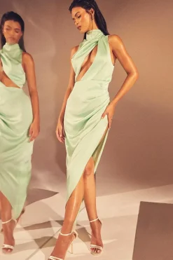 Premium Satin Grown On Neck Draped Midi Dress