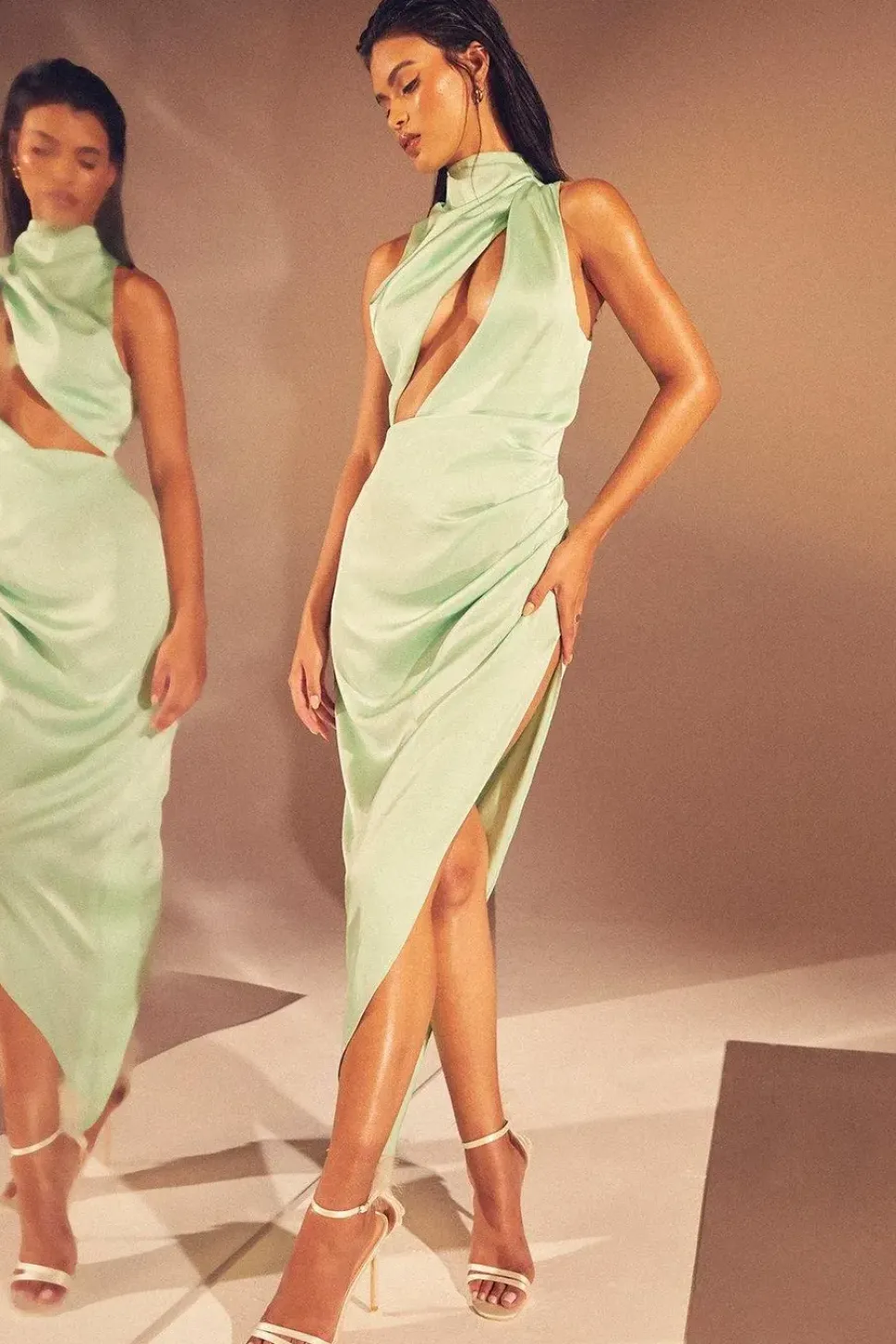 Premium Satin Grown On Neck Draped Midi Dress