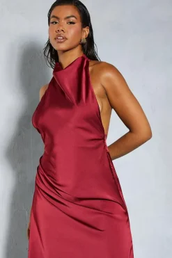 Premium Satin Halterneck Low Back Asymmetric Midi  Dress
