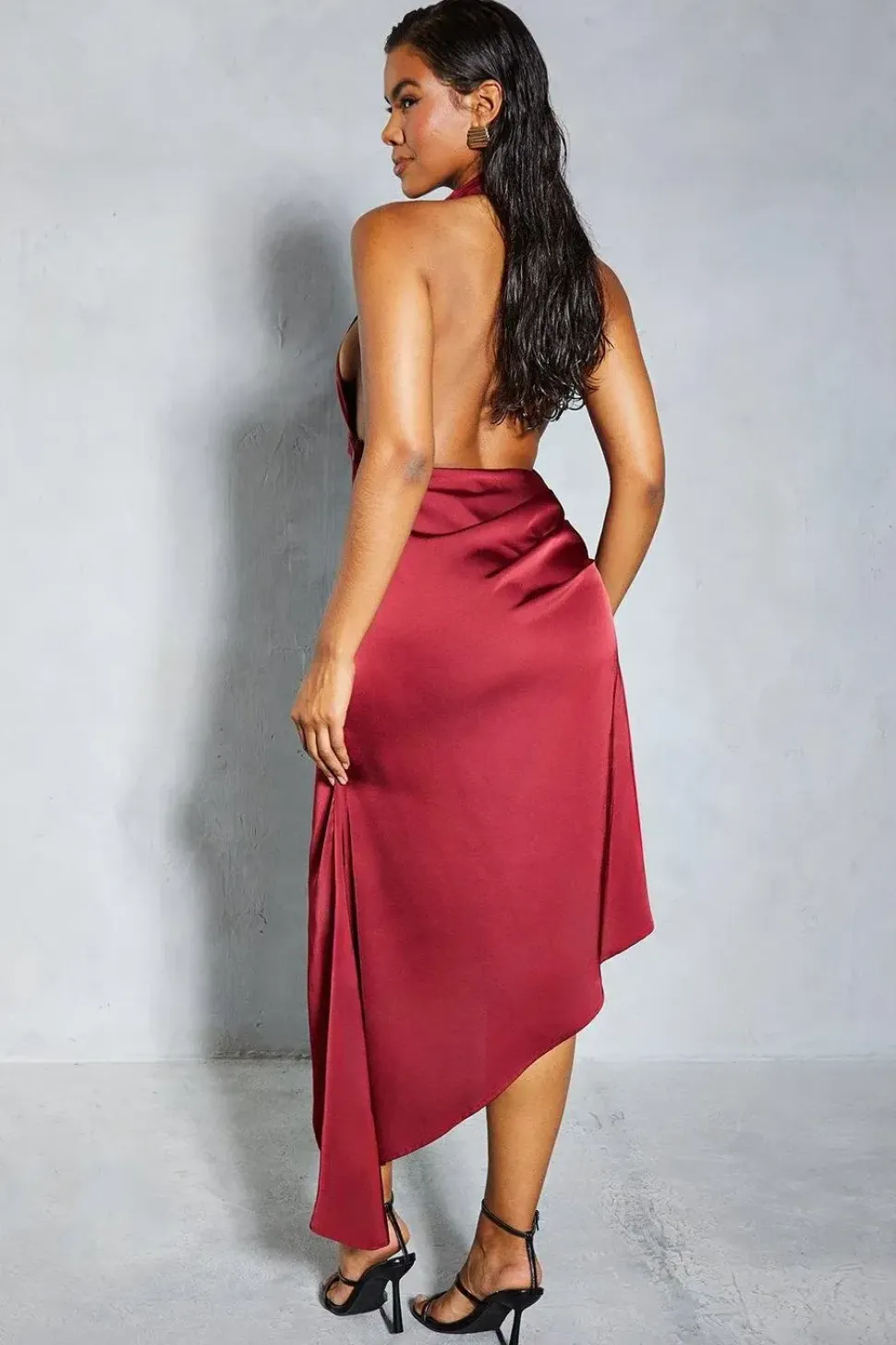 Premium Satin Halterneck Low Back Asymmetric Midi Dress
