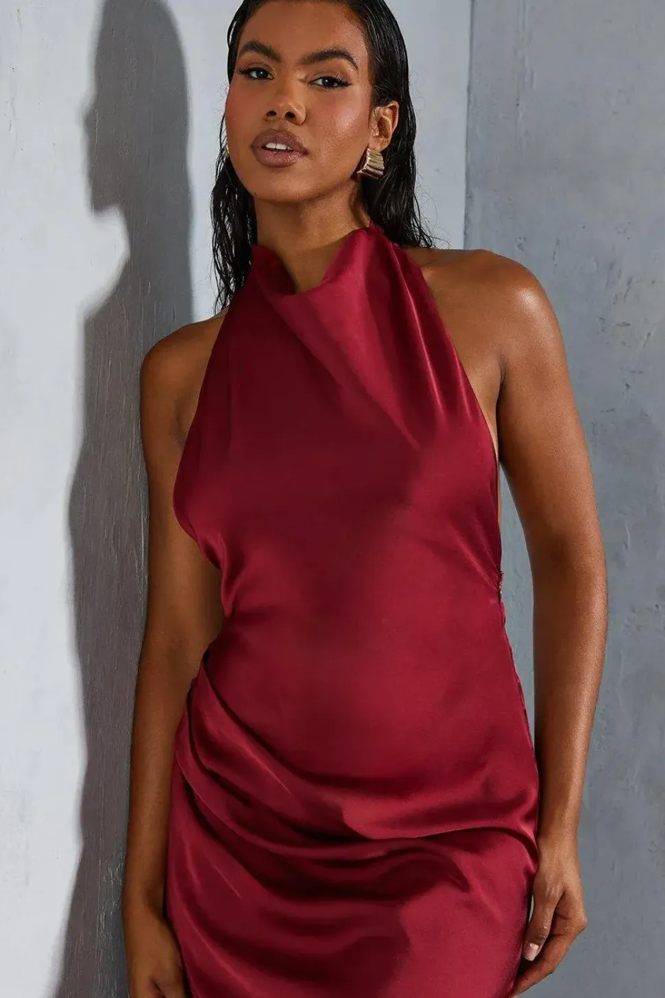 Premium Satin Halterneck Low Back Asymmetric Midi Dress