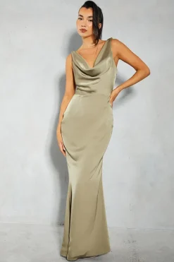 Premium Satin Knot Detail Cowl Neck Maxi Dress