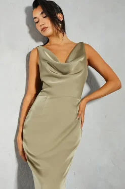 Premium Satin Knot Detail Cowl Neck Maxi Dress