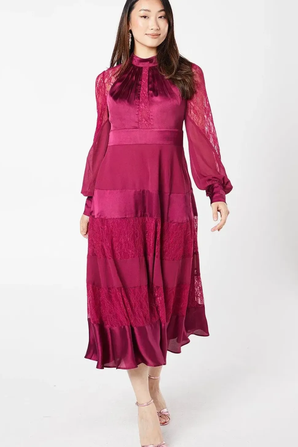 Premium Satin, Lace And Chiffon Mix Midi Wedding Guest Dress