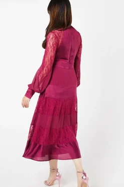 Premium Satin, Lace And Chiffon Mix Midi Wedding Guest Dress