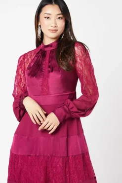Premium Satin, Lace And Chiffon Mix Midi Wedding Guest Dress
