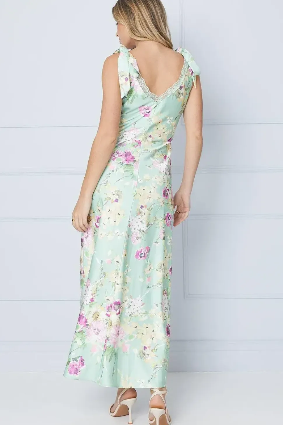 Premium Satin Lace Insert Tie Shoulder Midi Dress