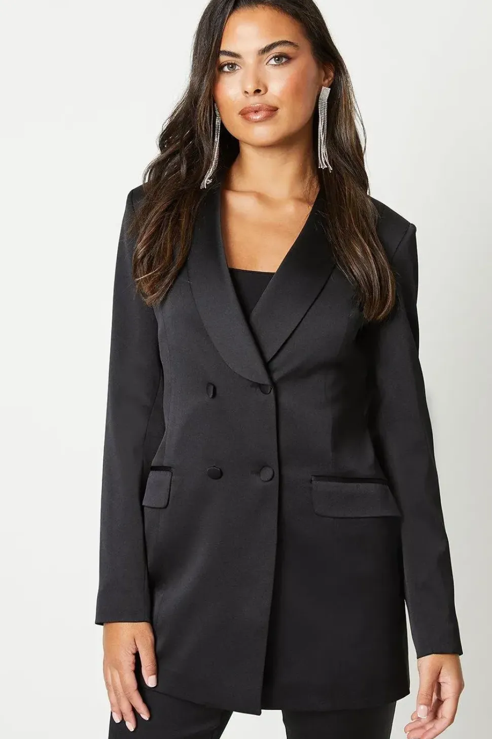Premium Satin Long Line Double Breasted Blazer