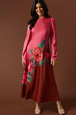 Premium Satin Placement Print Button Detail Maxi Dress