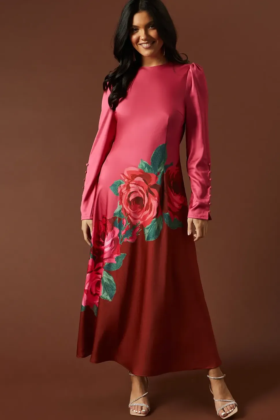Premium Satin Placement Print Button Detail Maxi Dress