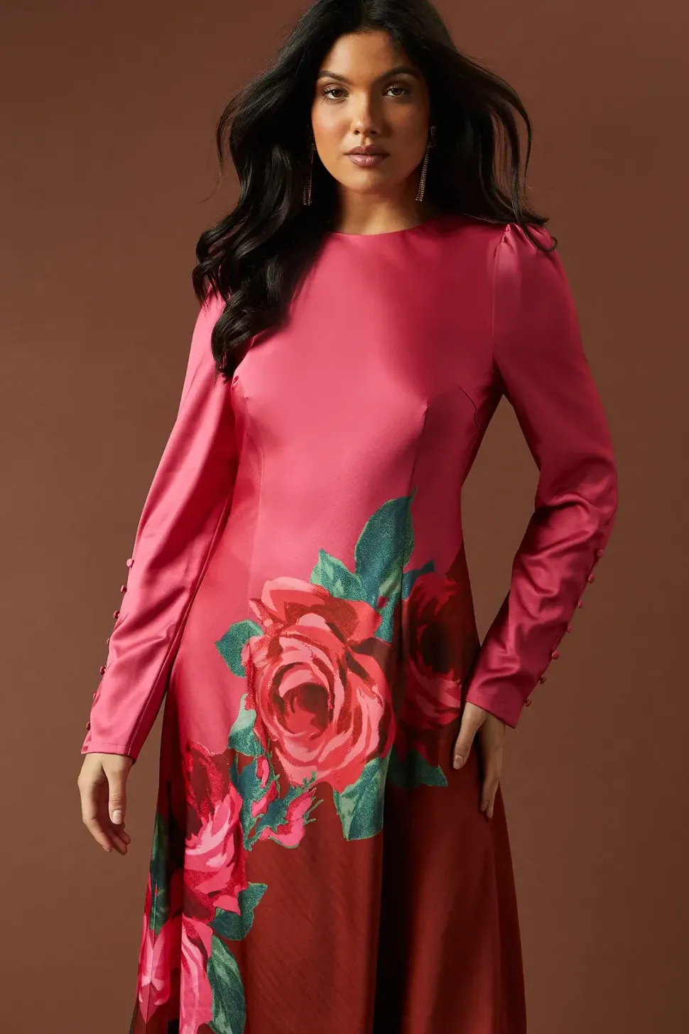 Premium Satin Placement Print Button Detail Maxi Dress