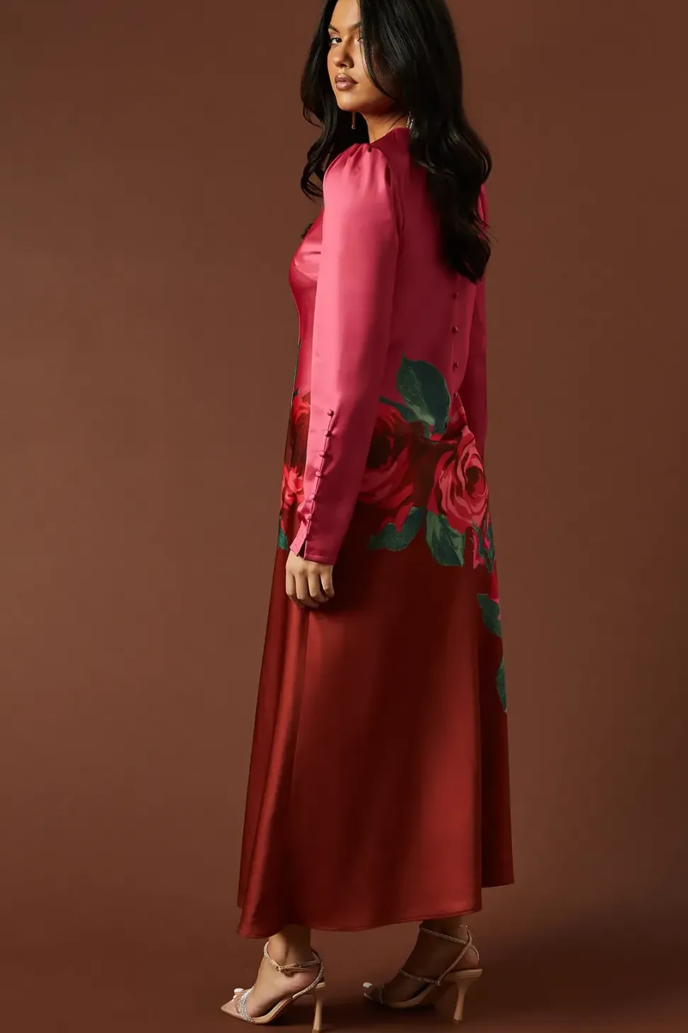 Premium Satin Placement Print Button Detail Maxi Dress