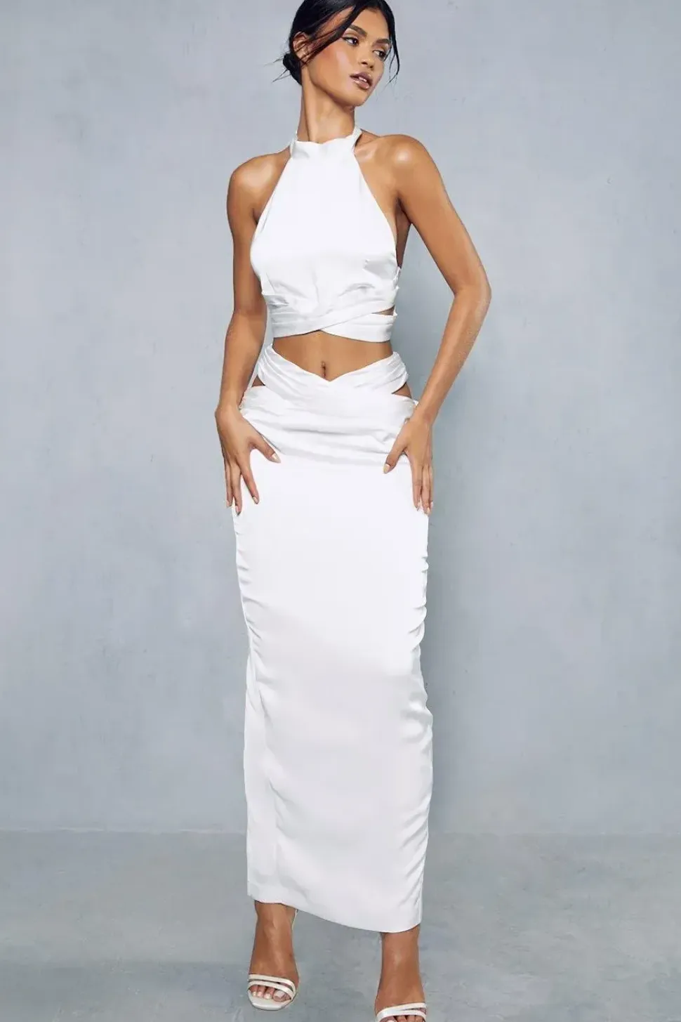 Premium Satin Pleated Cross Front Detail Maxi Skirt