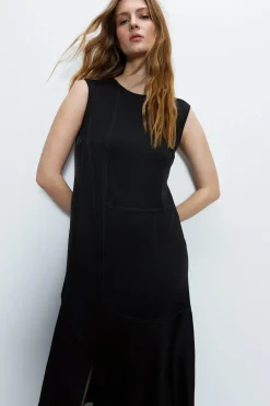 Premium Satin Sleeveless Midi Dress With Frill