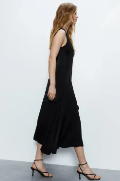 Premium Satin Sleeveless Midi Dress With Frill