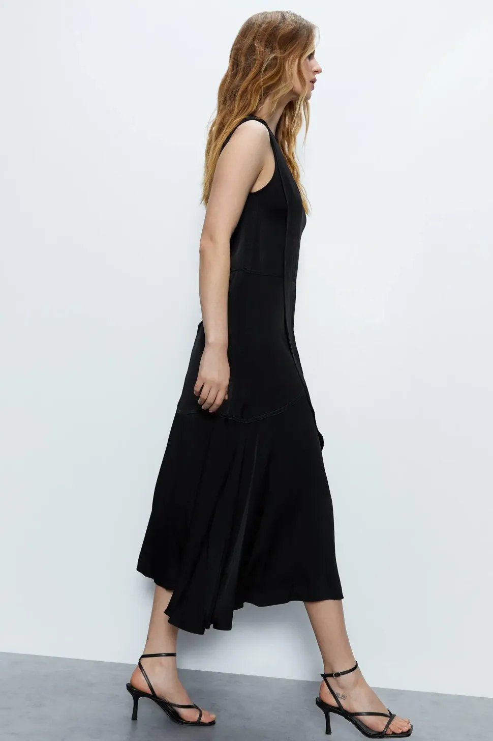 Premium Satin Sleeveless Midi Dress With Frill