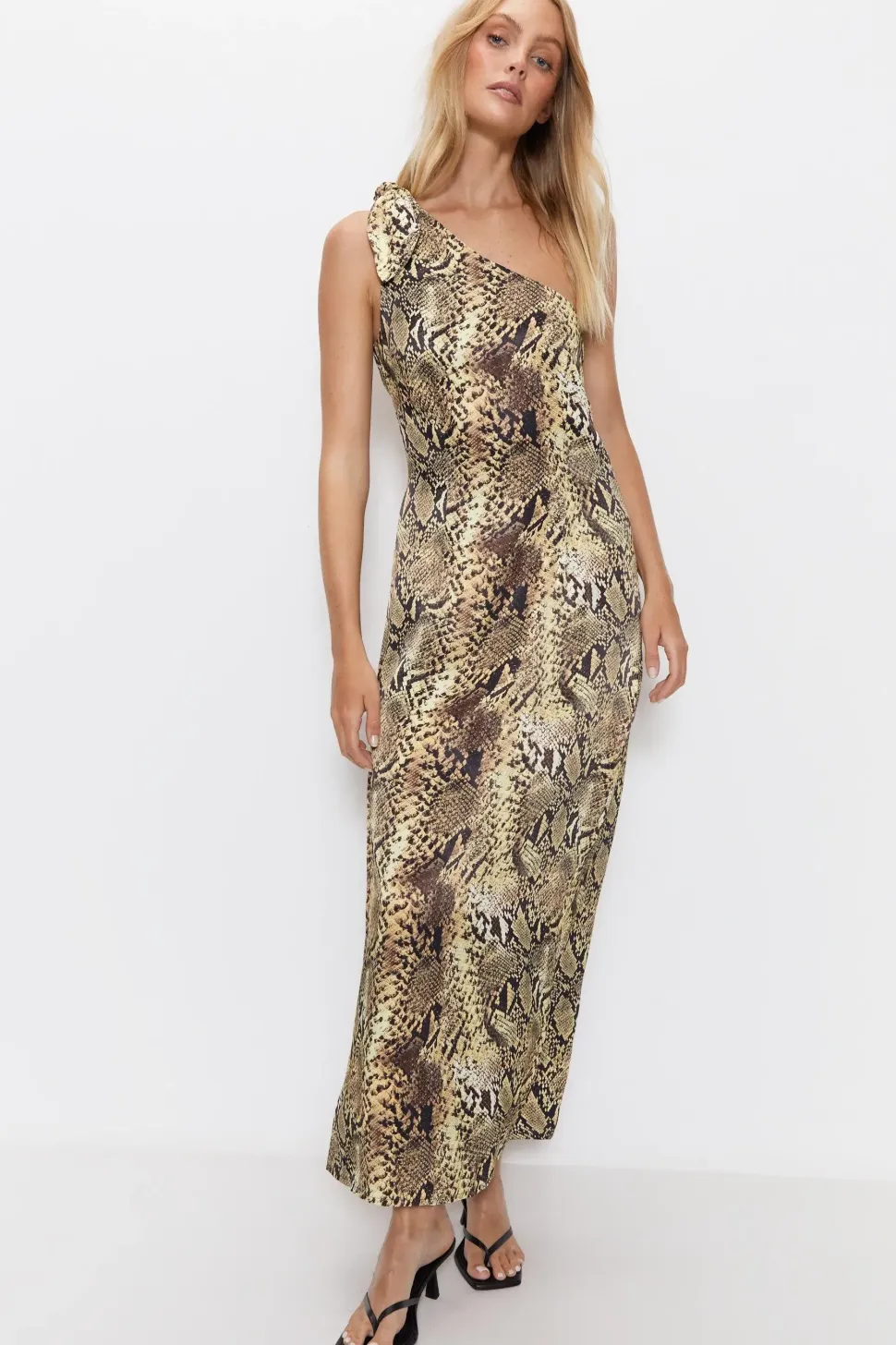 Premium Satin Snake Print One Shoulder Maxi Dress