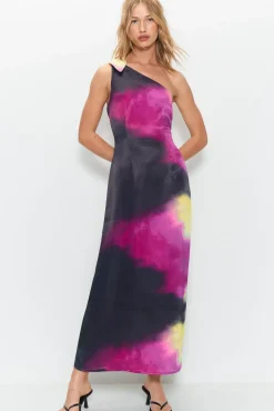 Premium Satin Tie Dye One Shoulder Maxi Dress