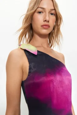 Premium Satin Tie Dye One Shoulder Maxi Dress