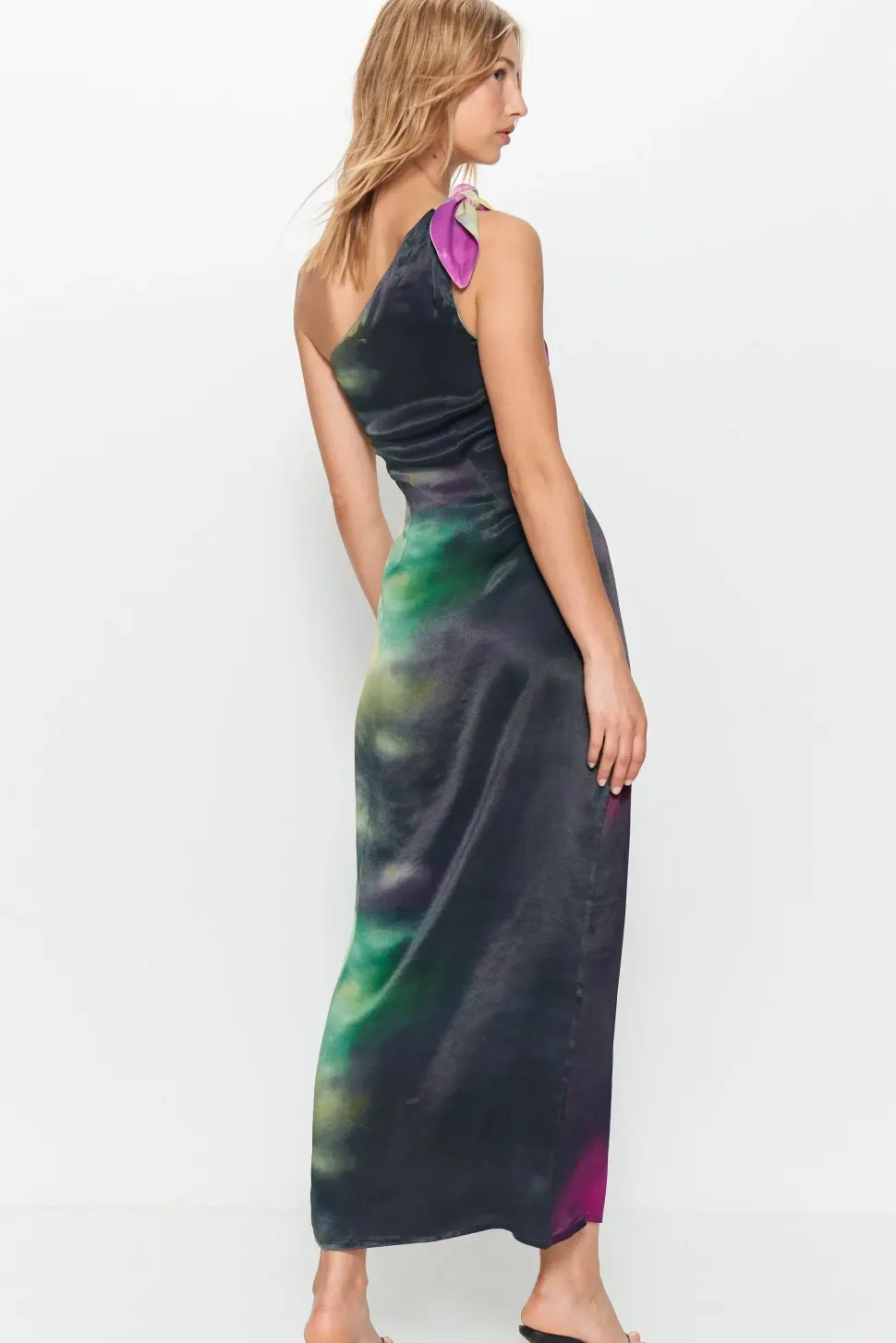 Premium Satin Tie Dye One Shoulder Maxi Dress