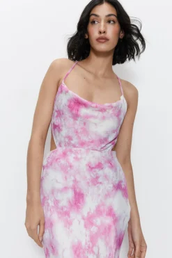 Premium Satin Tie Dye Strappy Back Maxi Dress