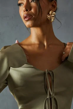 Premium Satin Tie Front Long Sleeve Maxi Dress