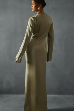 Premium Satin Tie Front Long Sleeve Maxi Dress