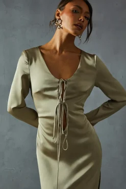 Premium Satin Tie Front Long Sleeve Maxi Dress