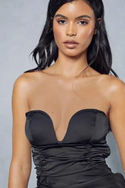 Premium Satin V Bar Tassle Hem Draped Midi Dress