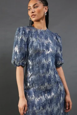 Premium Sequin Denim Fitted Puff Sleeve Midi Dress