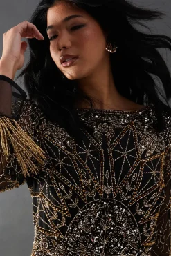 Premium Sun Hand Embellished Sequin Fringe Bead Mini Dress