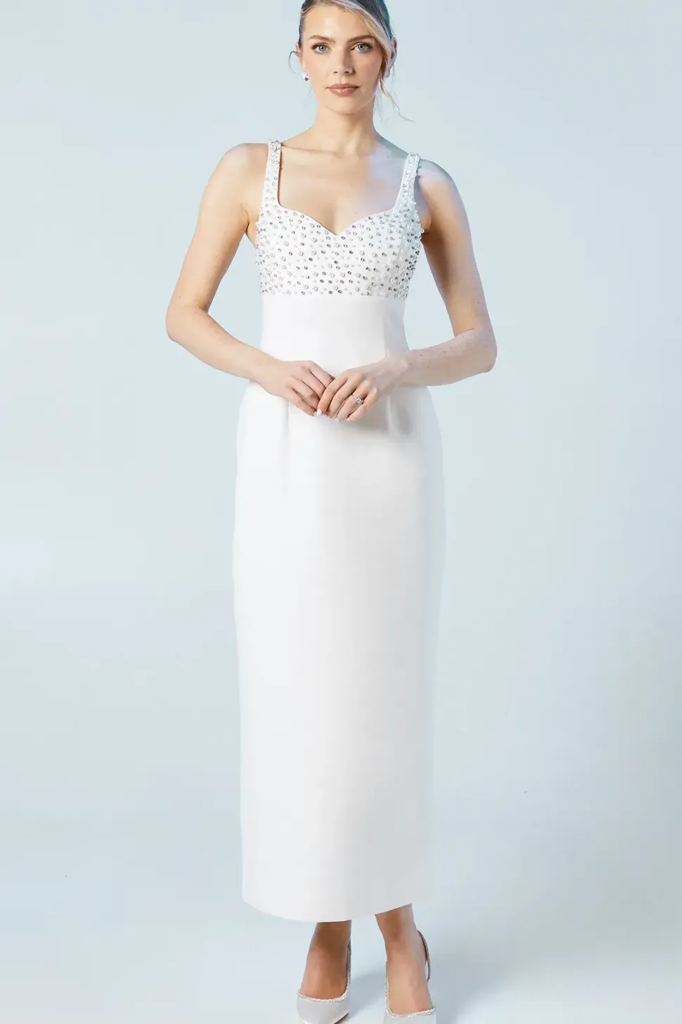Premium Tailored Pearl And Diamante Sweetheart Crepe Midi Dress