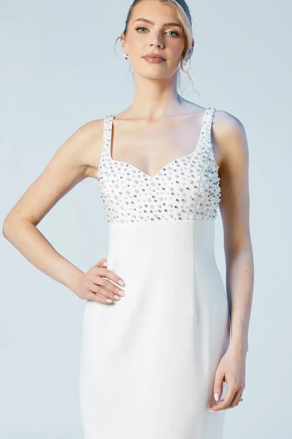 Premium Tailored Pearl And Diamante Sweetheart Crepe Midi Dress