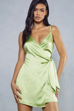 Premium Textured Satin Wrap Mini Dress