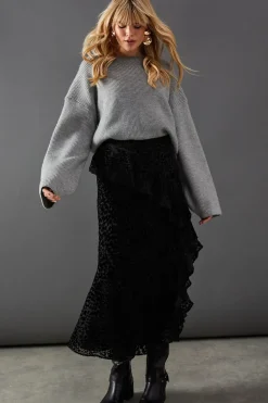Premium Velvet Chiffon Mix Frill Maxi Skirt