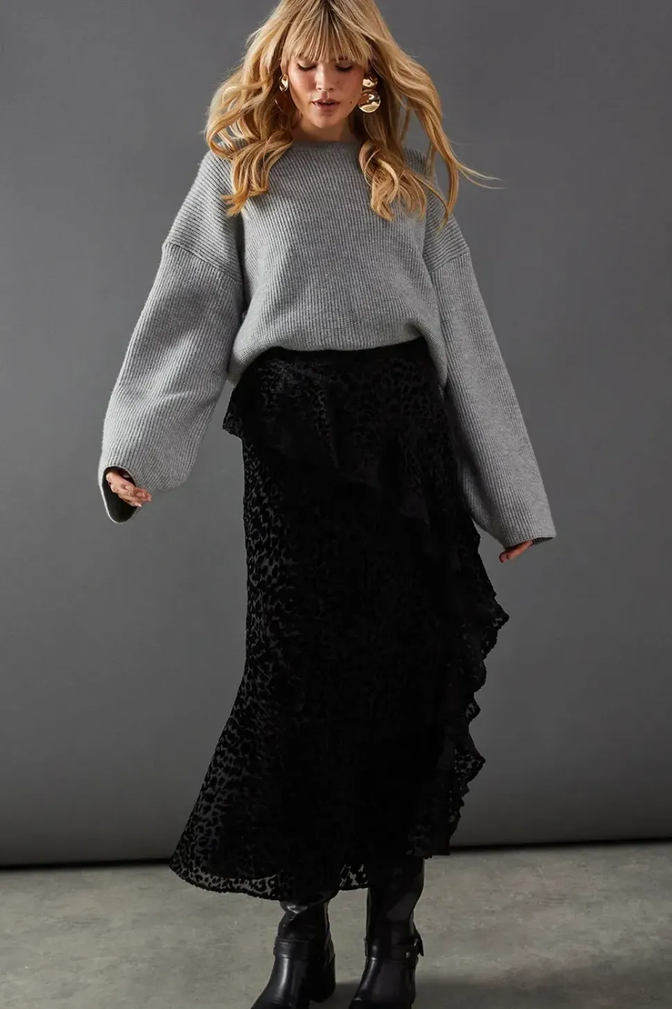 Premium Velvet Chiffon Mix Frill Maxi Skirt