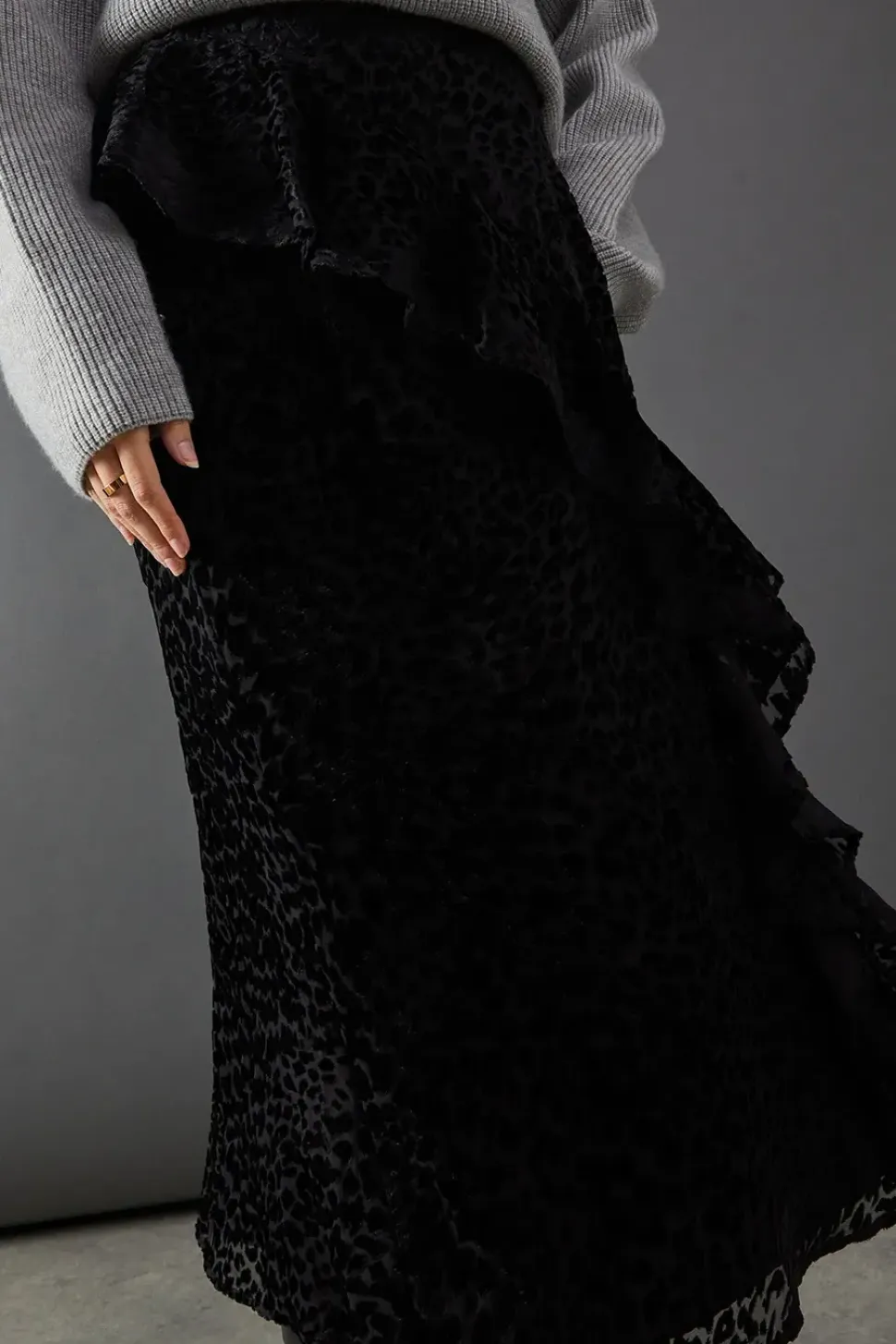 Premium Velvet Chiffon Mix Frill Maxi Skirt