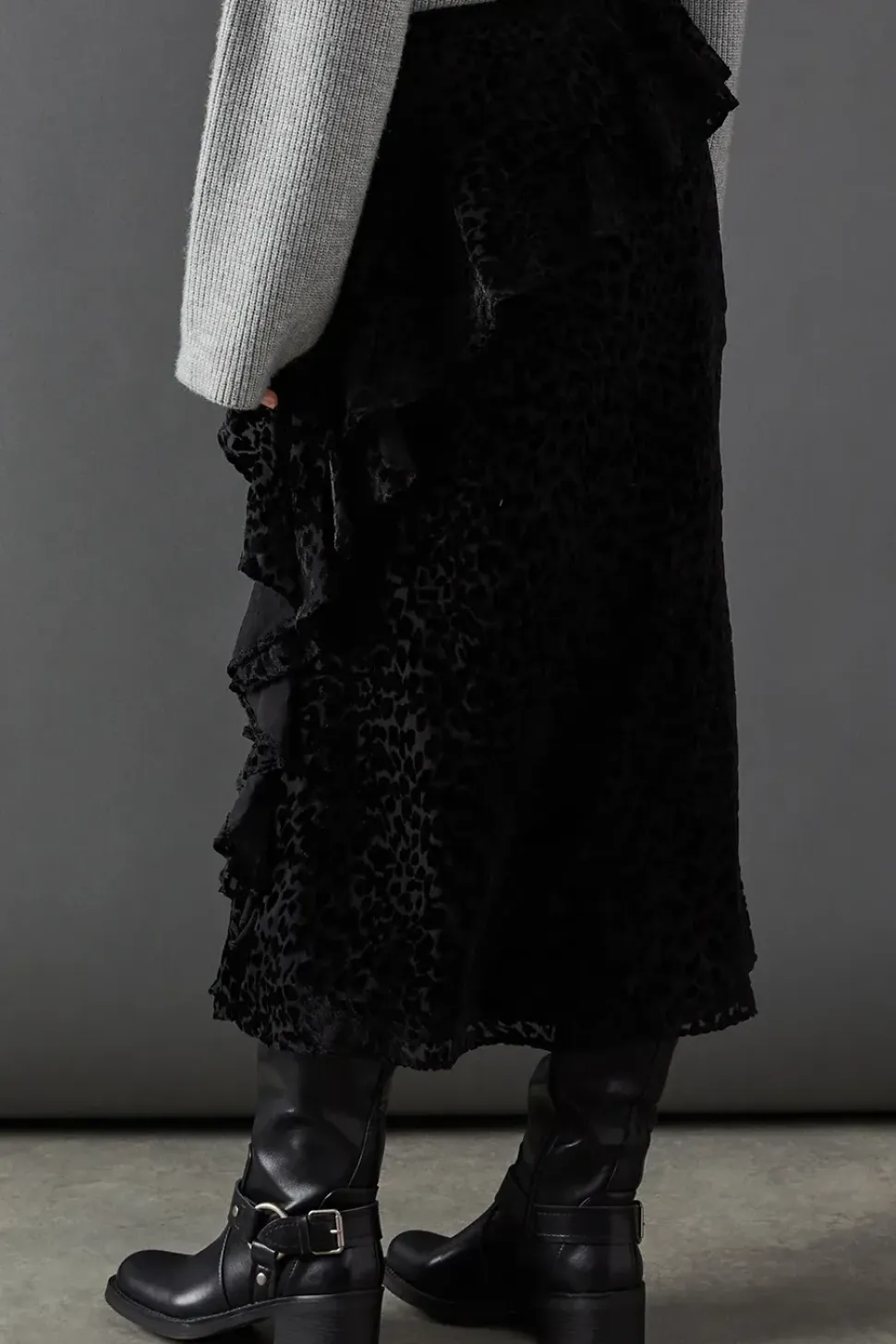 Premium Velvet Chiffon Mix Frill Maxi Skirt