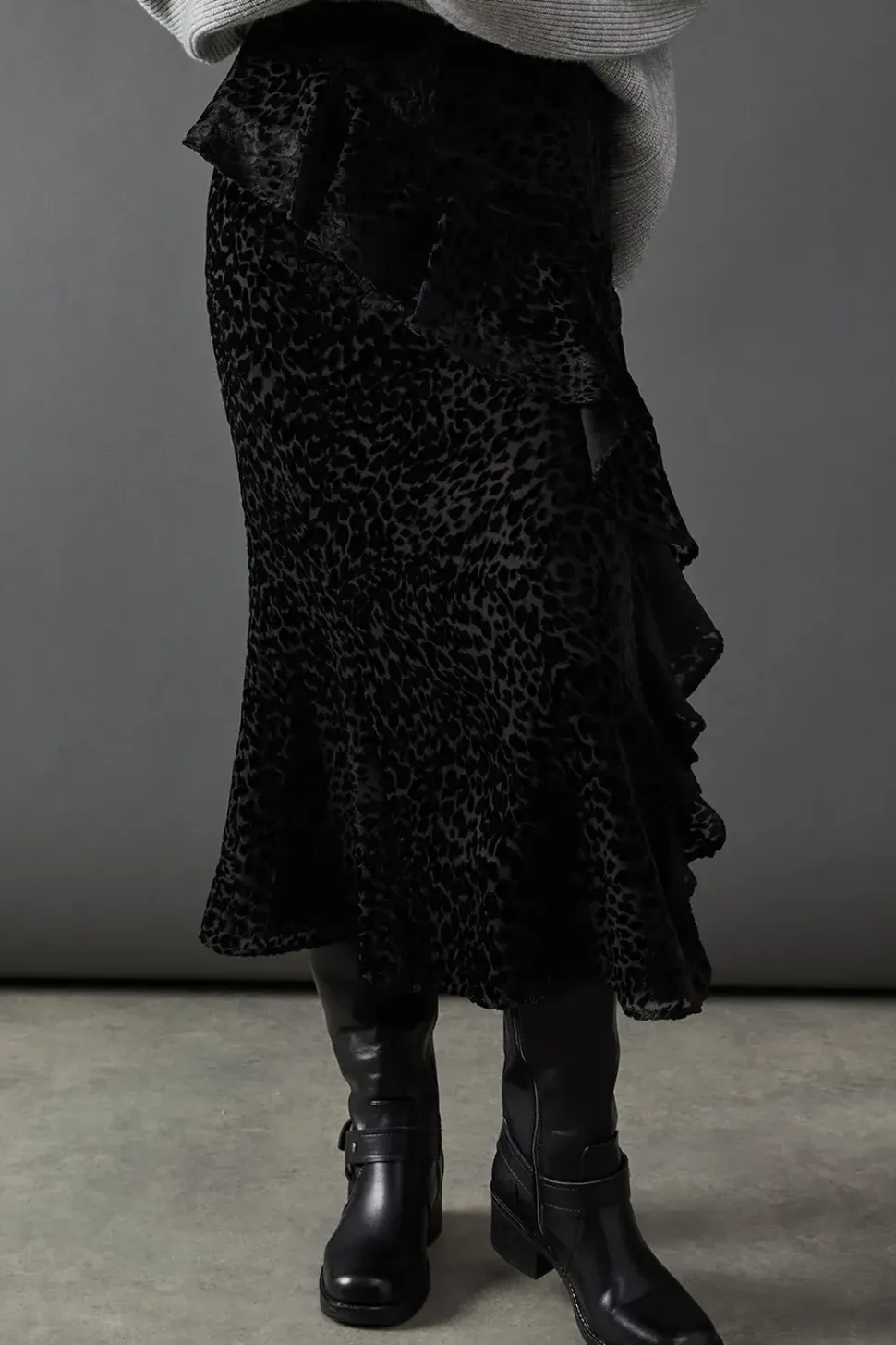 Premium Velvet Chiffon Mix Frill Maxi Skirt