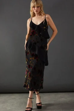 Premium Velvet Chiffon Mix Frill Strappy Midaxi Dress