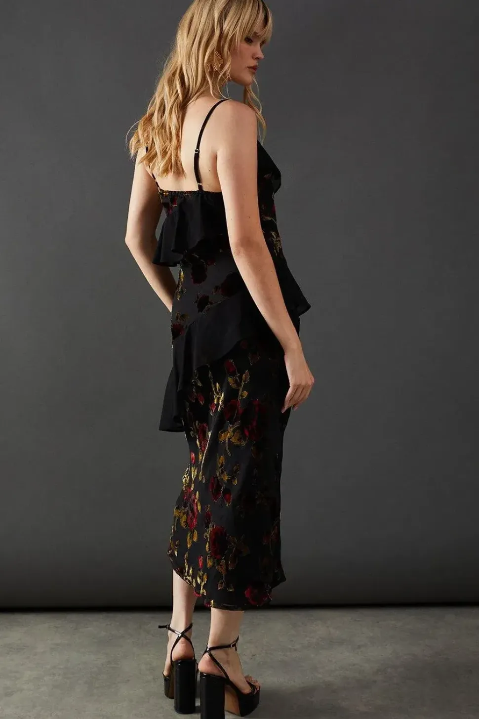 Premium Velvet Chiffon Mix Frill Strappy Midaxi Dress