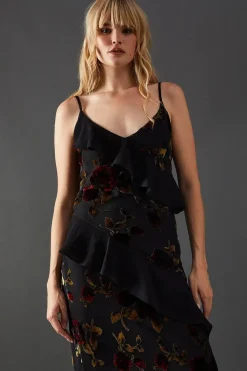 Premium Velvet Chiffon Mix Frill Strappy Midaxi Dress