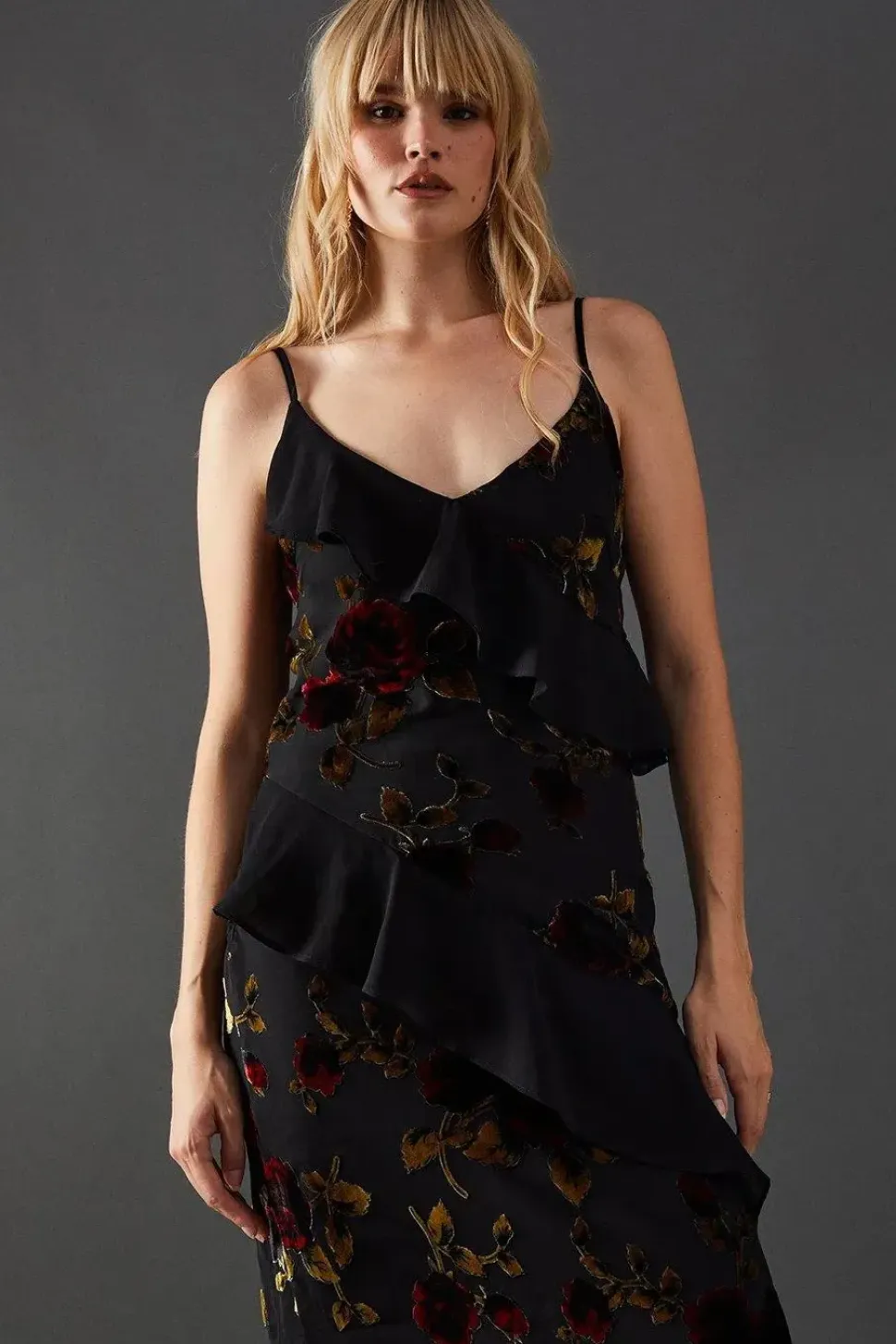 Premium Velvet Chiffon Mix Frill Strappy Midaxi Dress